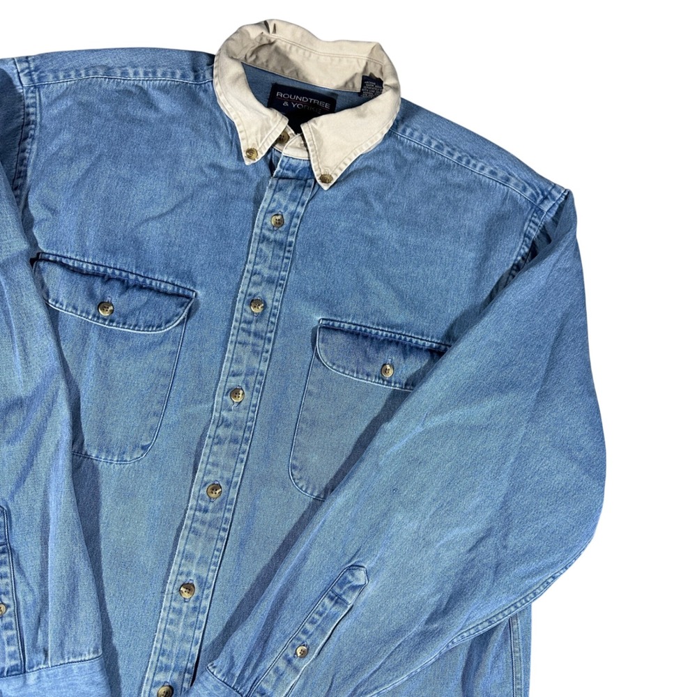 Y2K Denim Button Down Shirt Roundtree & Yorke Mens Large Shirt Contrast Collar